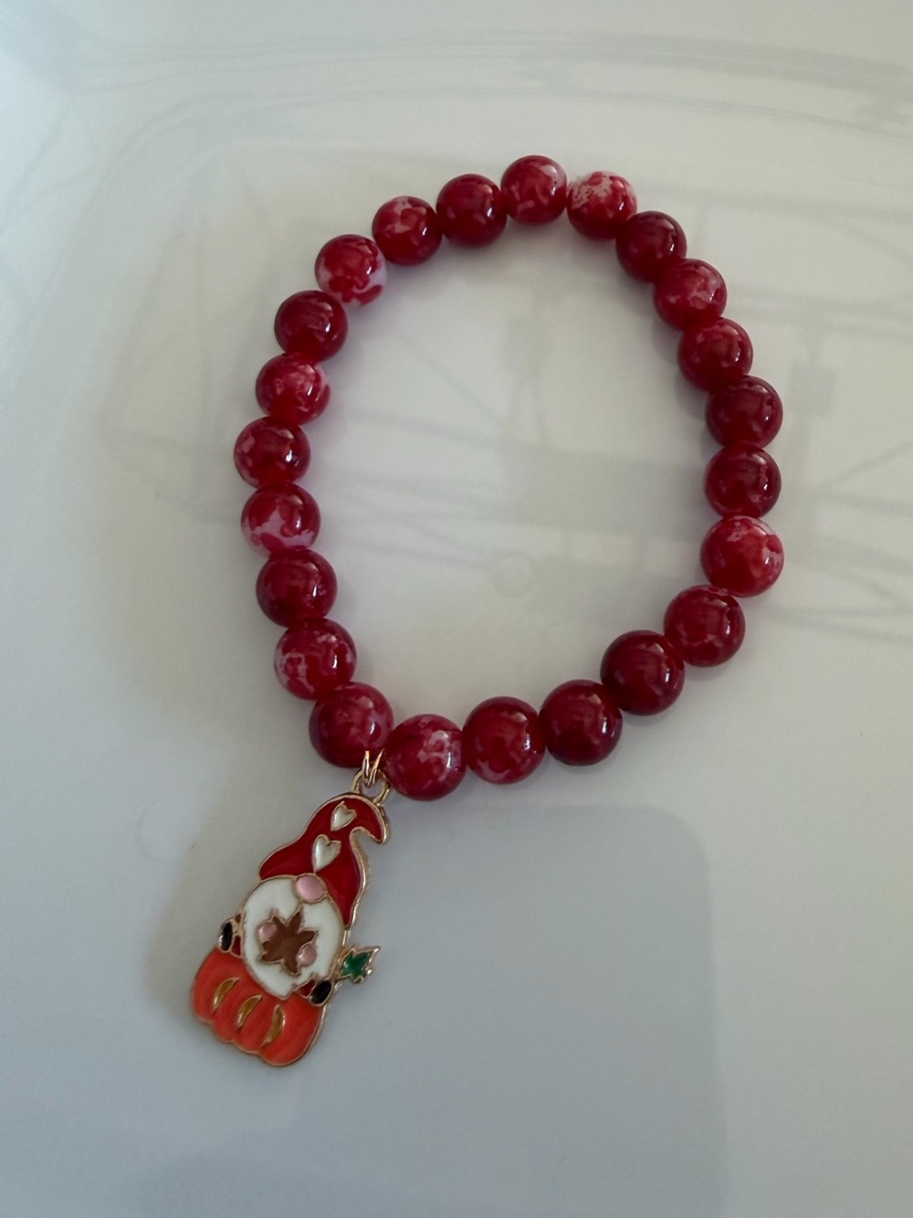 Gnome Charm Stretch Bracelet Handmade Red Beaded Fall Novelty Jewelry